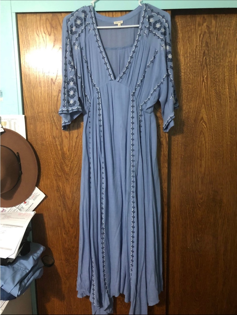 En Creme Dusty Blue Embroidered V-Neck Maxi Dress